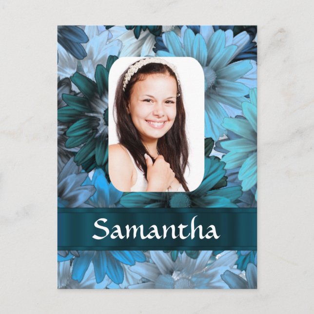 Blue floral photo template postcard (Front)