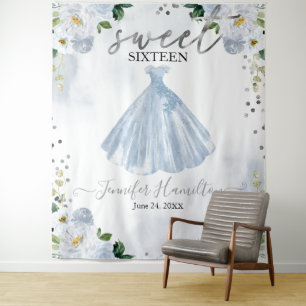 Blue Floral Pink Dress Sweet 16 Backdrop Tapestry