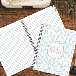 Blue Floral Pink Monogram Custom Notebook