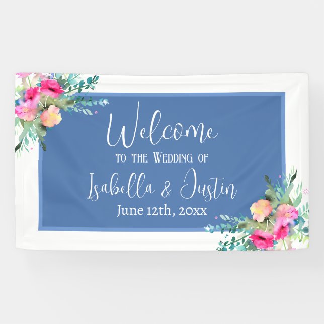 Blue Floral Pink Rosebud Wedding Personalised Banner (Horizontal)