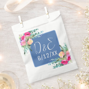 Blue Floral Pink Rosebud Wedding Personalised Favour Bags