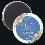Blue Floral Pink Rosebud Wedding Personalised Magnet<br><div class="desc">Personalised wedding reminder magnet with couple's initials with pretty pink floral accents and blue centre with white font. Elegant floral wedding theme.</div>