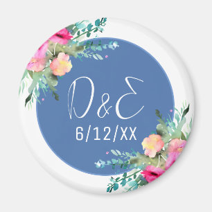 Blue Floral Pink Rosebud Wedding Personalised Magnet