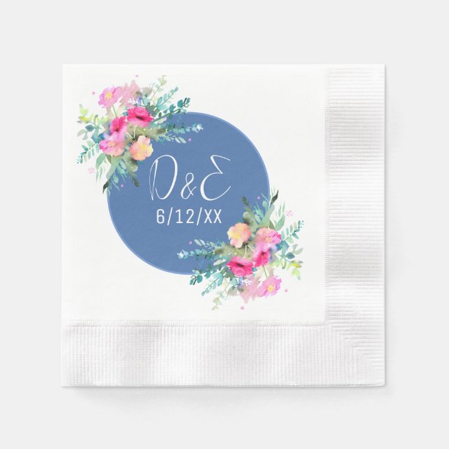 Blue Floral Pink Rosebud Wedding Personalised Napkin (Front)