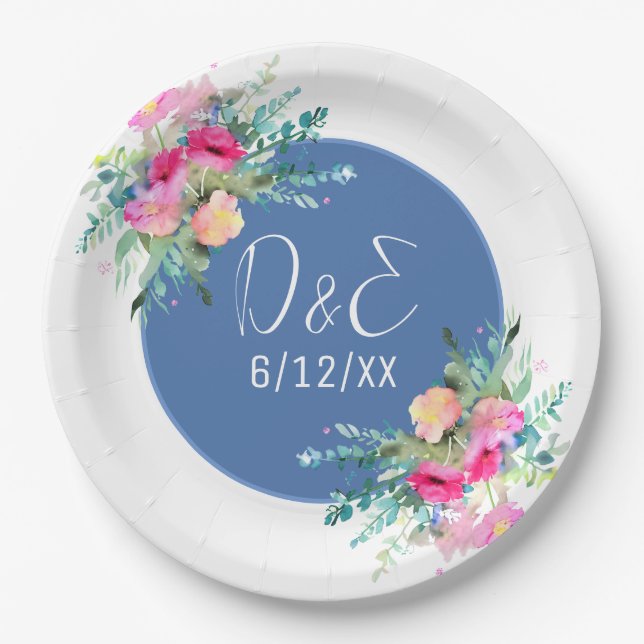 Blue Floral Pink Rosebud Wedding Personalised Paper Plate (Front)