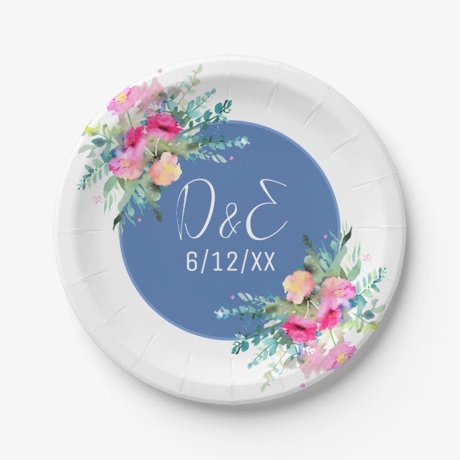 Blue Floral Pink Rosebud Wedding Personalised Paper Plate (Front)