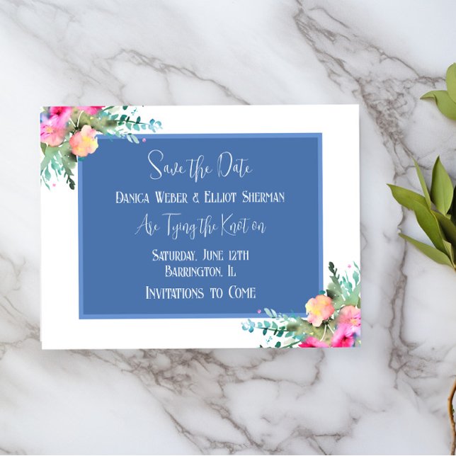 Blue Floral Pink Rosebud Wedding Save the Date Invitation (Creator Uploaded)