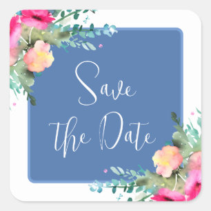 Blue Floral Pink Rosebud Wedding Save the Date Square Sticker
