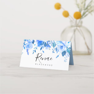 Blue floral place card, Blue floral christening Card