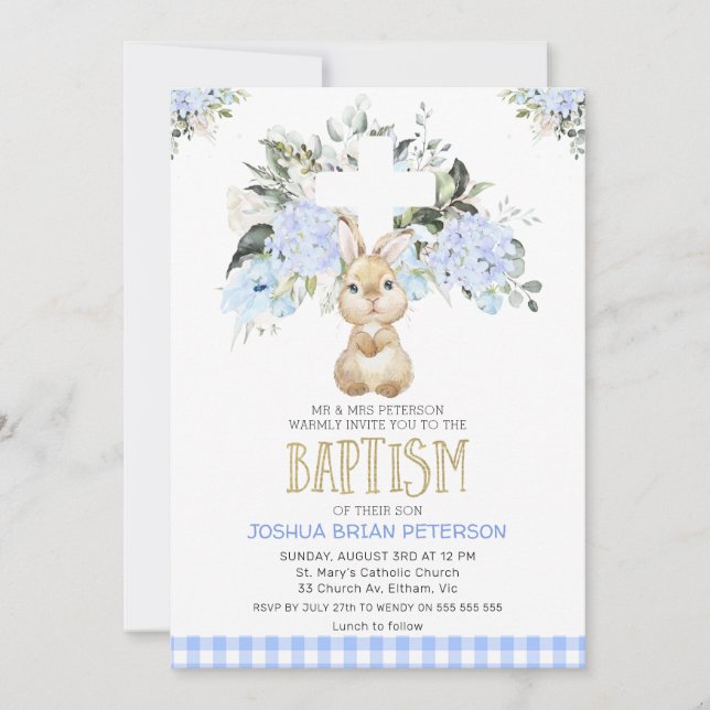 Blue Floral Plaid Bunny Rabbit Baptism Invitation (Front)