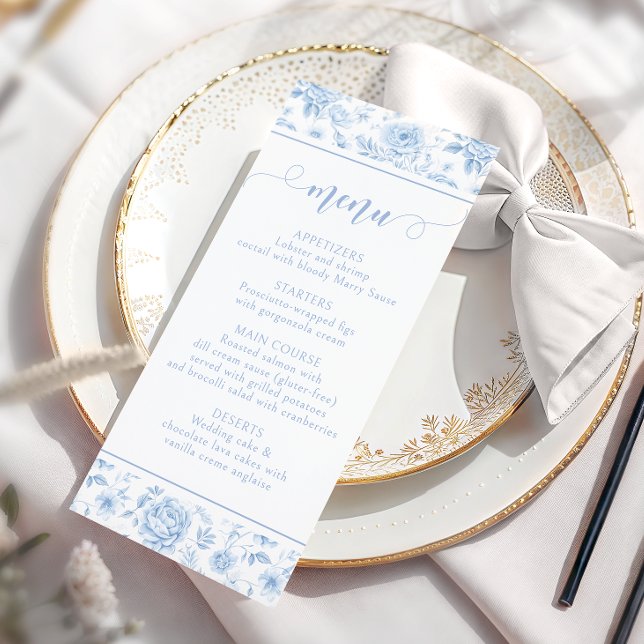 Blue Floral Porcelain Bridal Shower Menu Cards (Creator Uploaded)