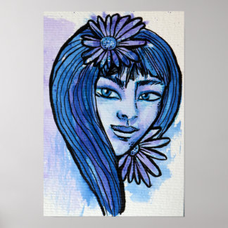 Blue Floral Portrait Illustration Poster