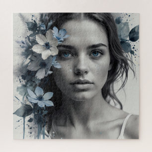Blue Floral Portrait of a woman Jigsaw Puzzle