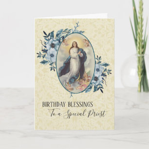 Blue Floral   Priest Birthday   Virgin Mother Mary Card