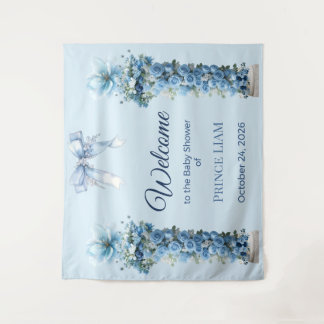 Blue Floral Prince Liam Baby Shower Backdrop Tapestry
