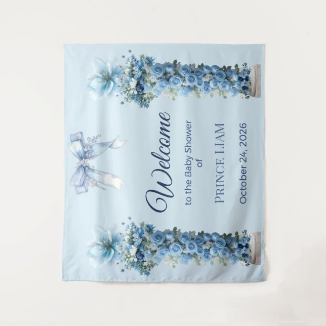 Blue Floral Prince Liam Baby Shower Backdrop Tapestry (Front)