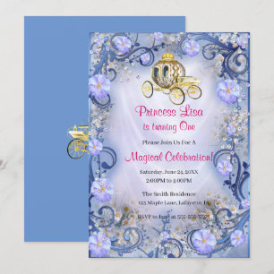 Blue Floral Princess Enchanted 1st Birthday Invitation