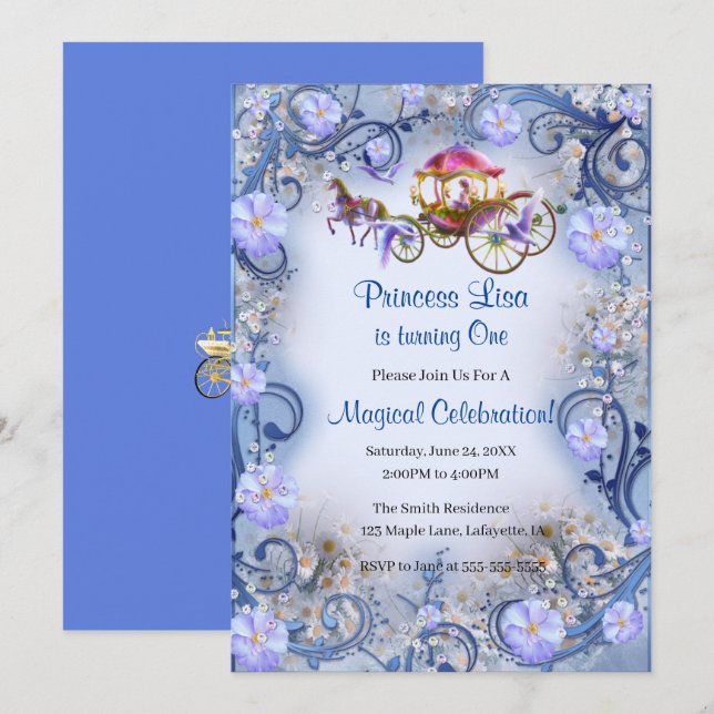 Blue Floral Princess Fairy Tail 1st Birthday Invitation (Front/Back)