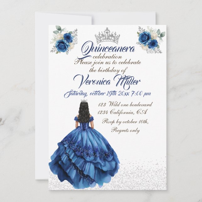 Blue Floral Princess Girl Birthday Party Invitation (Front)
