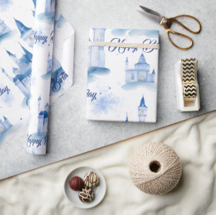 Blue Floral Princess Girl Birthday Party Wrapping Paper