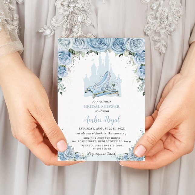 Blue Floral Princess Glass Slipper Bridal Shower Invitation (Creator Uploaded)