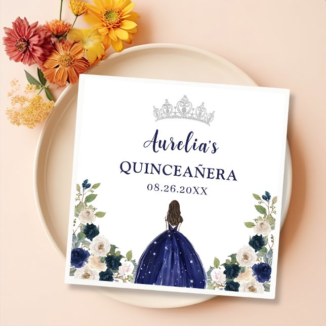 Blue Floral Princess Quinceanera Birthday Napkin (Creator Uploaded)