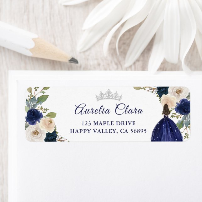 Blue Floral Princess Quinceanera Return Address (Insitu)