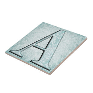 Blue Floral Print A monogram initials Gifts Tile