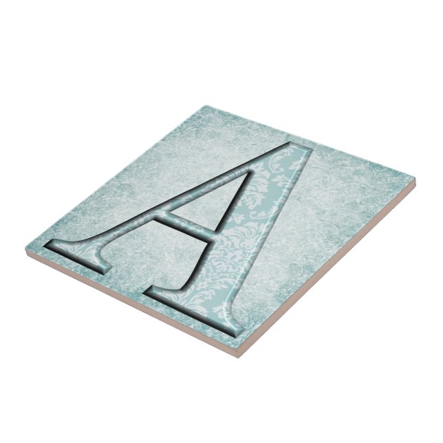 Blue Floral Print A monogram initials Gifts Tile (Side)