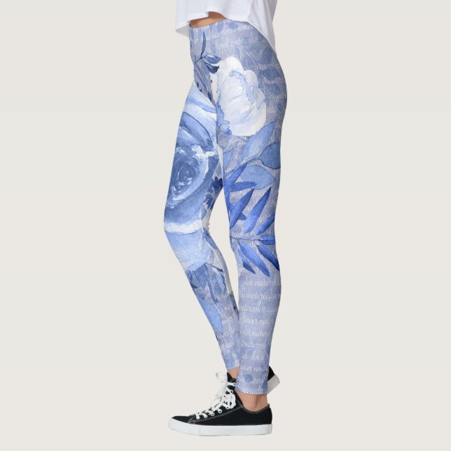 Blue Floral Print Leggings Women's Flower Design (Left)