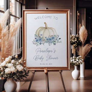 Blue Floral Pumpkin Autumn Baby Shower Welcome Poster