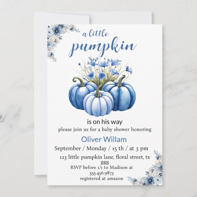 blue floral pumpkin baby boy shower invitation (Front)