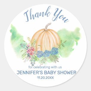 Blue Floral Pumpkin Baby Shower Thank You Classic Round Sticker