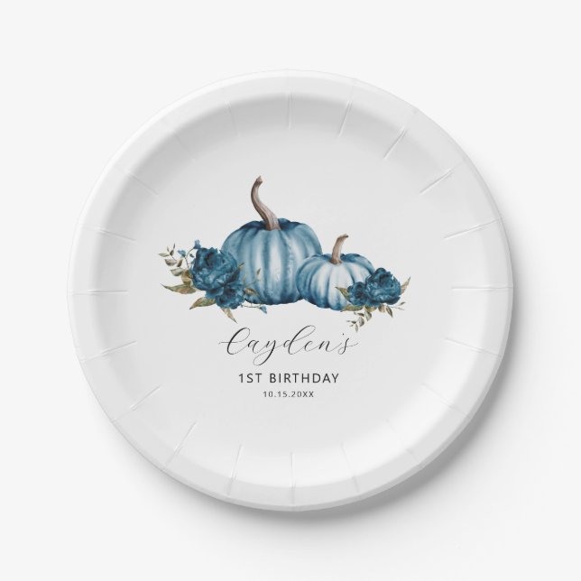 Blue Floral Pumpkin Birthday Party Paper Plate (Front)