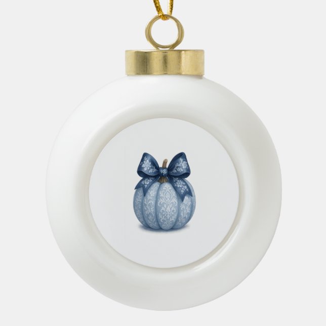 Blue Floral Pumpkin Ceramic Ball Christmas Ornament (Front)