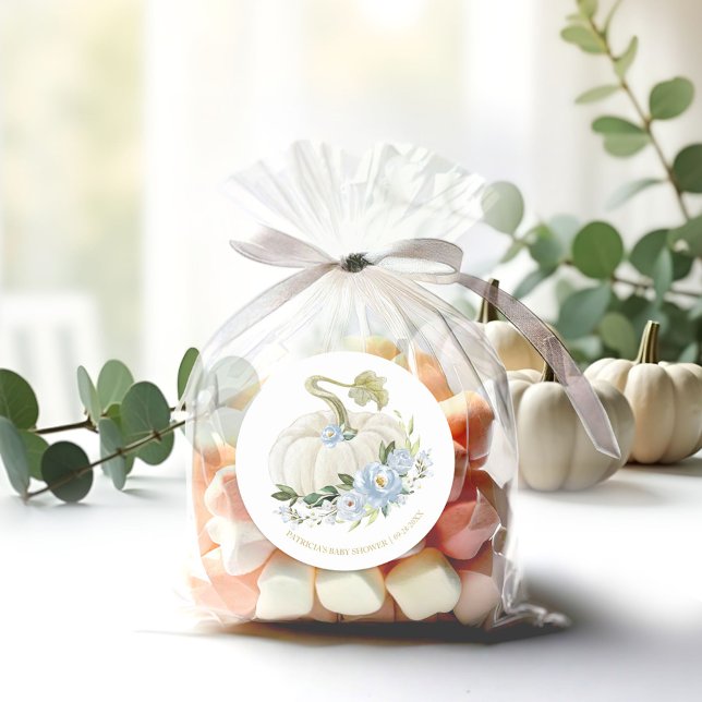 Blue Floral Pumpkin Fall Baby Shower Classic Round Sticker (Creator Uploaded)
