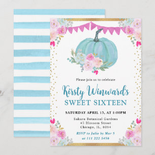 Blue Floral Pumpkin Fall Sweet Sixteen Invitation