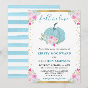 Blue Floral Pumpkin Fall Wedding Invitation