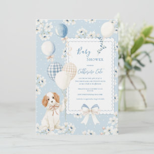 Blue Floral Puppy with Balloons Elegant Baby Invitation