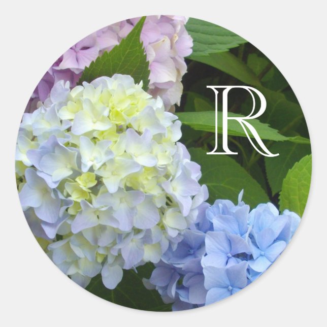 Blue floral purple floral pink floral hydrangeas classic round sticker (Front)
