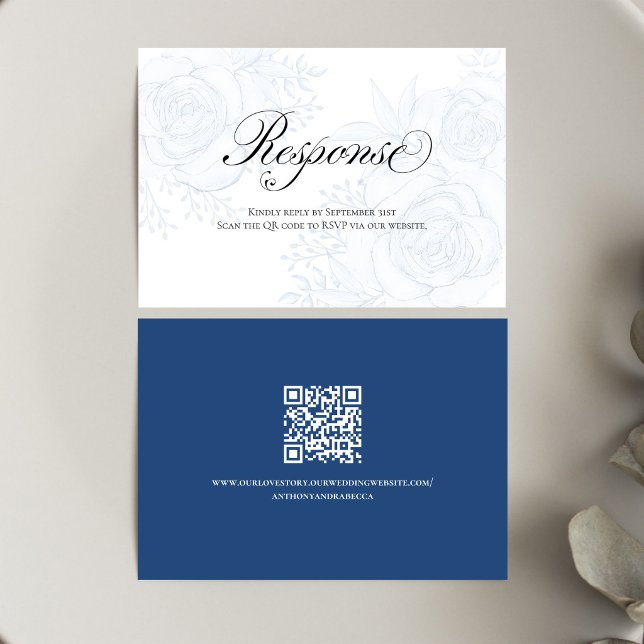 Blue Floral QR Code Wedding RSVP Calligraphy Card (Elegant blue floral RSVP card with calligraphy script for a timeless wedding suite)