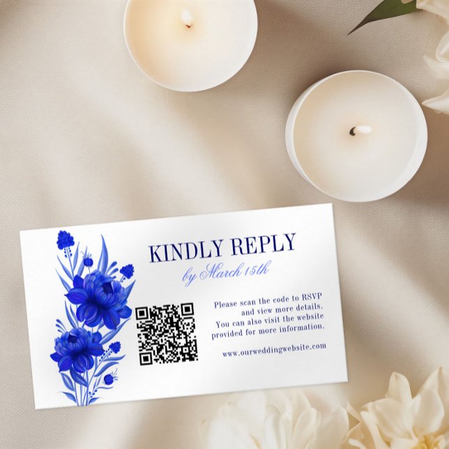 Blue Floral QR Code Wedding RSVP Enclosure Card (Creator Uploaded)