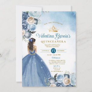 Blue Floral Quinceañera 15 Anos Gold Crown Glitter Invitation
