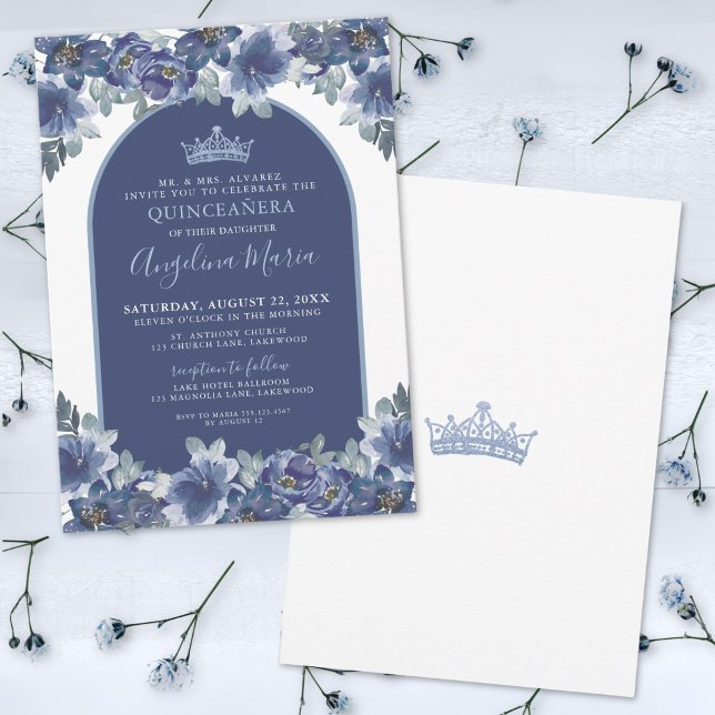 Blue Floral Quinceanera Birthday Invitation (Elegant Floral Blue Quinceanera Birthday Invitation)