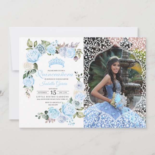 Blue Floral Quinceanera Birthday Photo Invitatio I Invitation (Front)