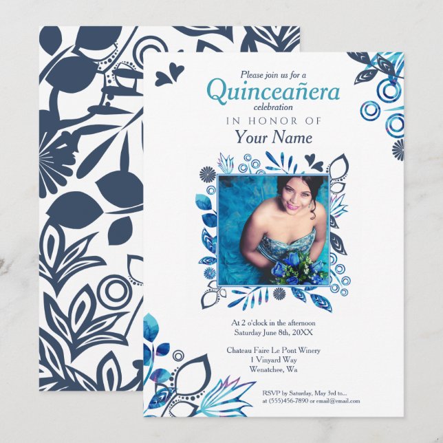 Blue Floral Quinceañera Invitation (Front/Back)