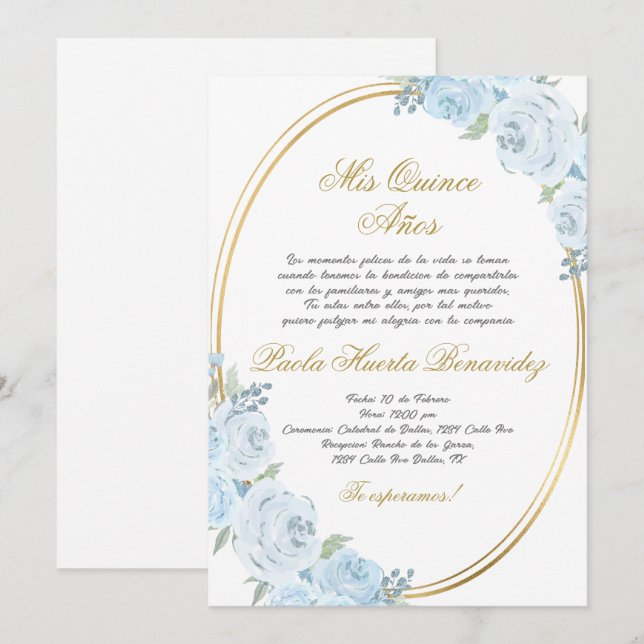 Blue floral Quinceanera invitation in Spanish (Front/Back)