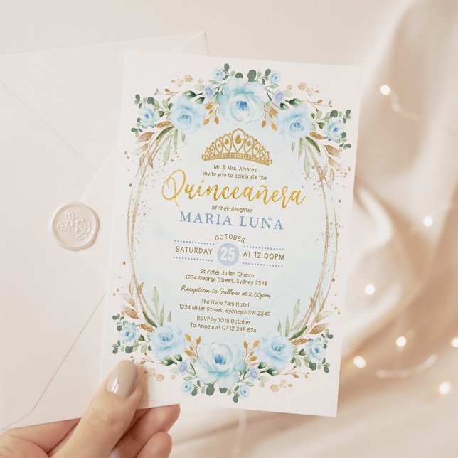 Blue Floral Quinceañera Mis Quince 15th Birthday Invitation (Creator Uploaded)