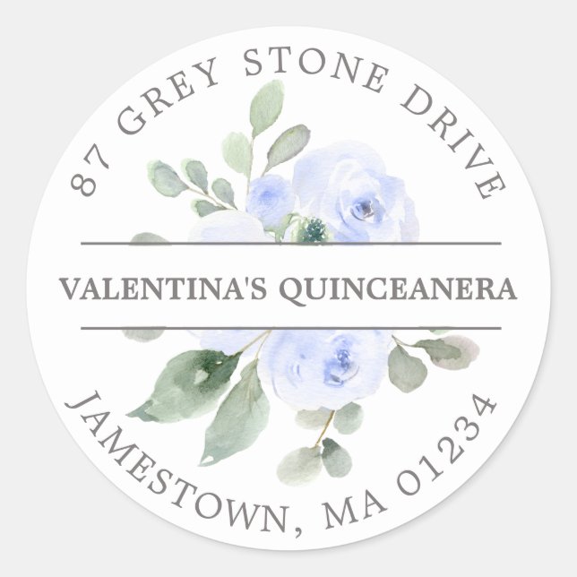 Blue Floral Quinceanera Return Address Label (Front)