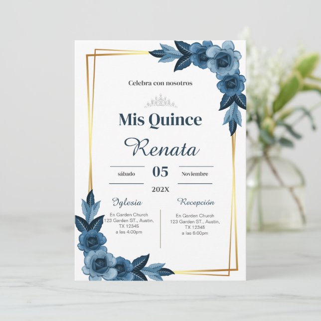 Blue Floral Quinceañera Spanish Invitation (Standing Front)